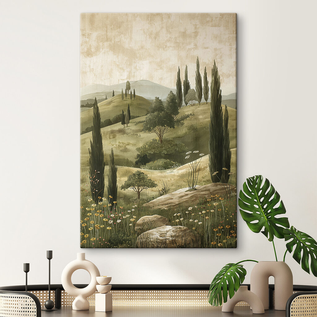 Painting of a landscape with trees and hills Painting of a landscape with trees and hills