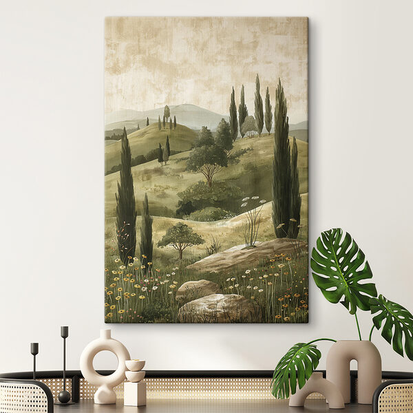 Peinture d'un paysage avec des arbres et des collines Peinture d'un paysage avec des arbres et des collines