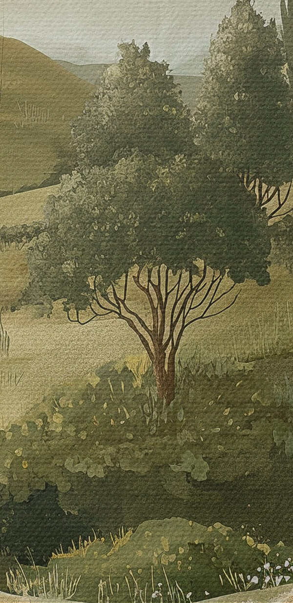 Peinture d'un paysage avec des arbres et des collines Peinture d'un paysage avec des arbres et des collines