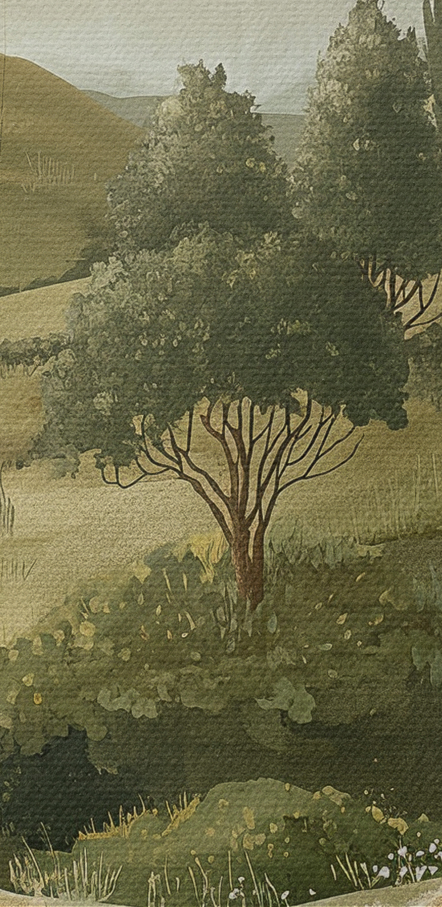 Peinture d'un paysage avec des arbres et des collines Peinture d'un paysage avec des arbres et des collines