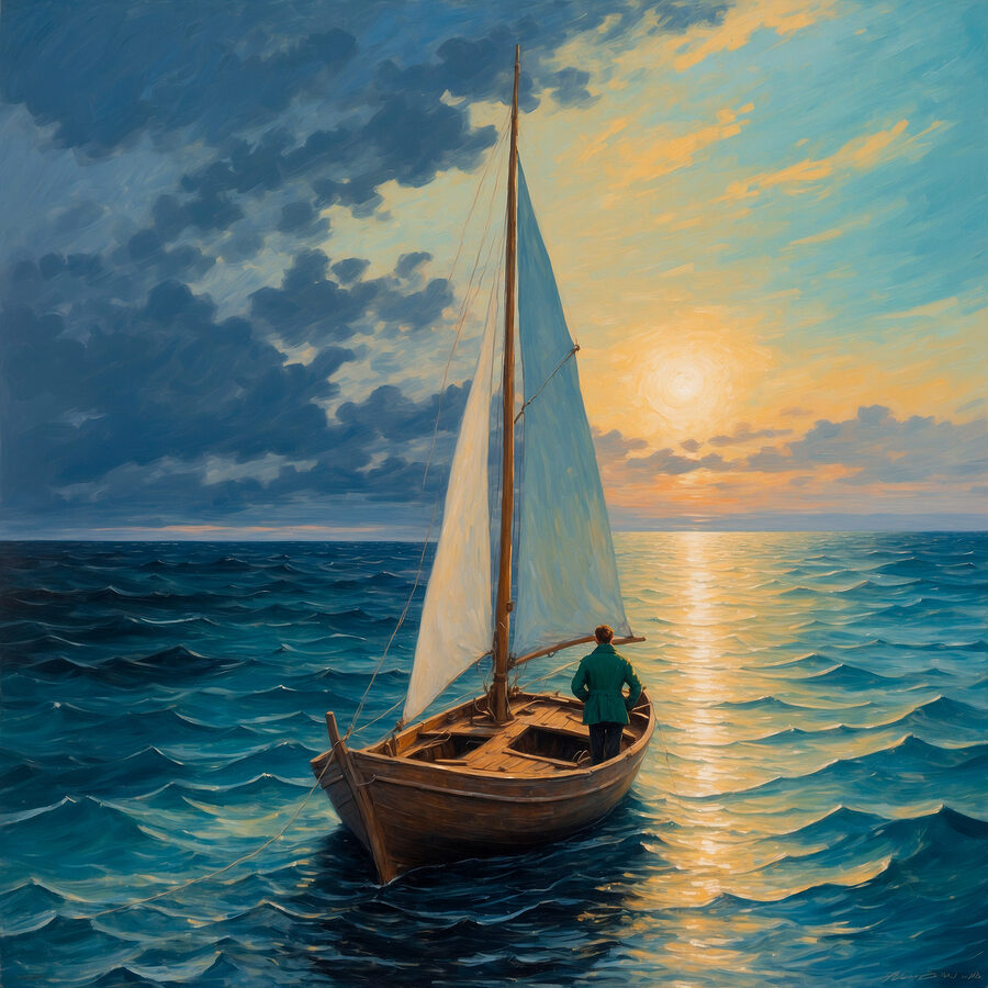 Peinture d'un homme dans un bateau dans l'océan