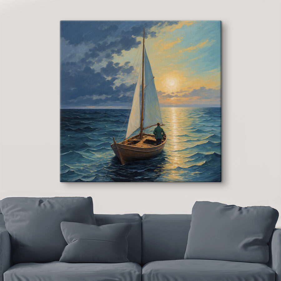 Peinture d'un homme dans un bateau dans l'océan