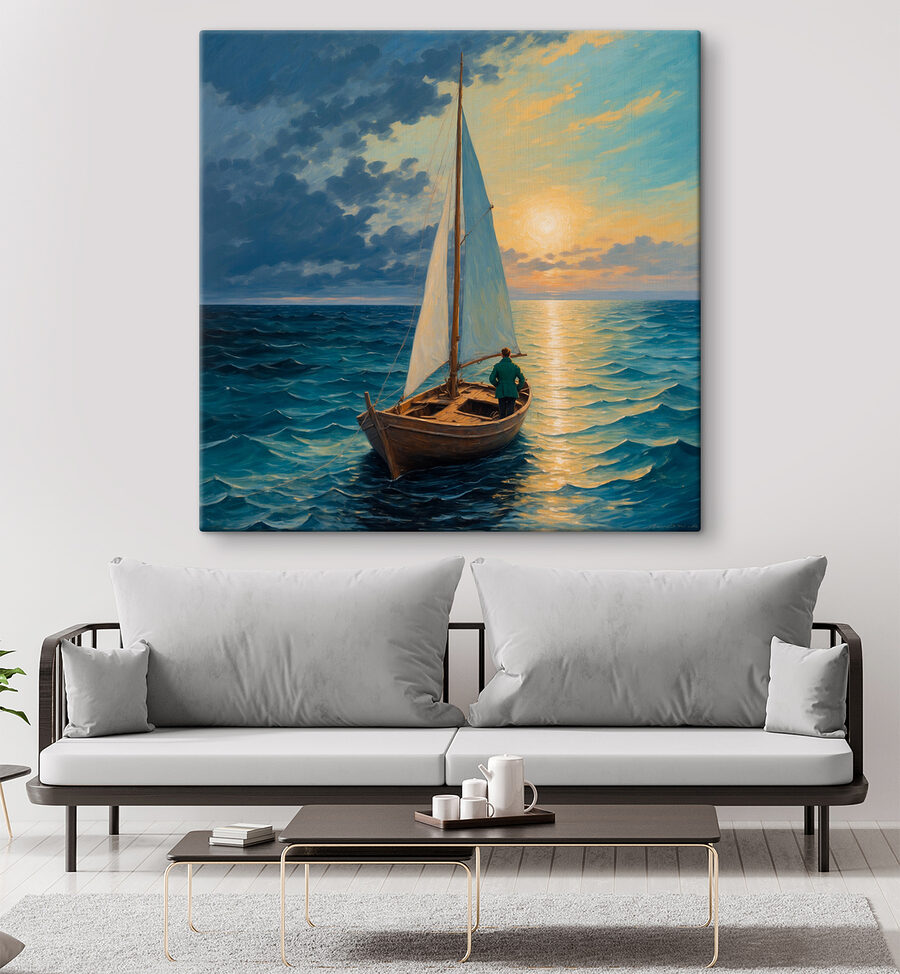 Peinture d'un homme dans un bateau dans l'océan