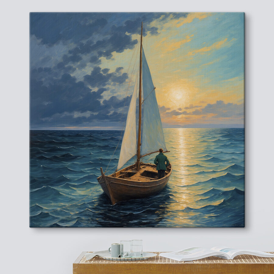 Peinture d'un homme dans un bateau dans l'océan