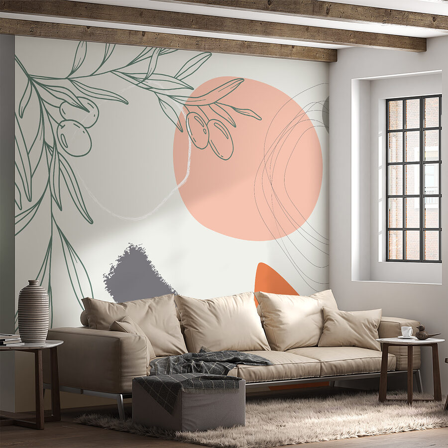 Papier peint Graphisme d'une branche avec des olives et des cercles