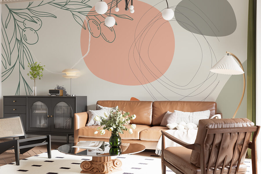 Papier peint Graphisme d'une branche avec des olives et des cercles – Image 2