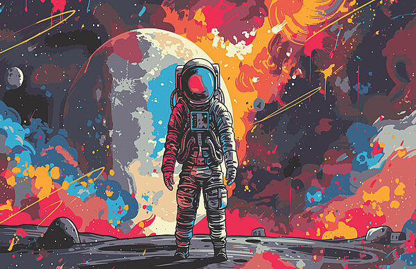 Astronaute dans l'espace avec un grand espace rouge et orange derrière lui Astronaute dans l'espace avec un grand espace rouge et orange derrière lui