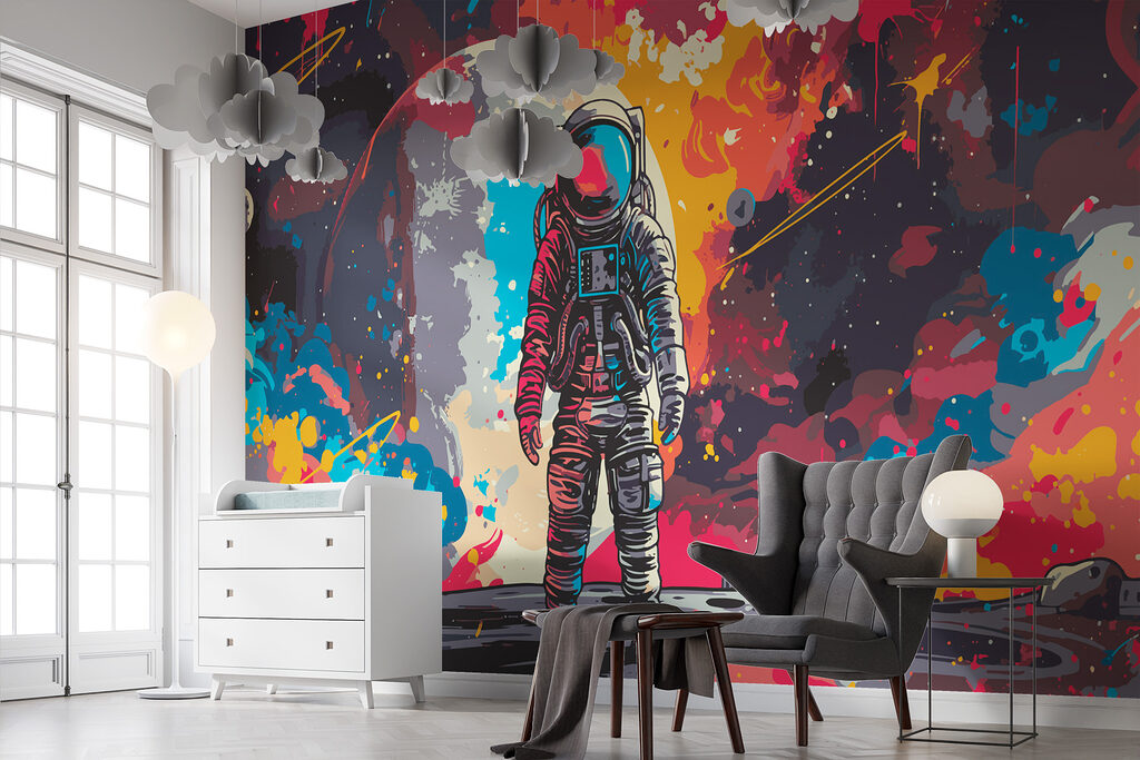 Astronaut in space with a large red and orange space behind him Astronaut in space with a large red and orange space behind him