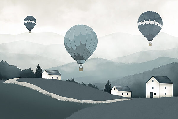 Groupe de montgolfières survolant un village Groupe de montgolfières survolant un village