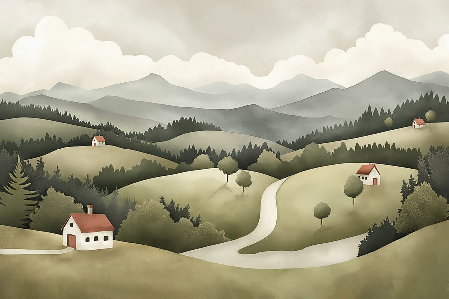 Paysage avec maisons et arbres