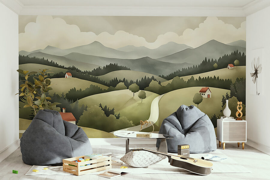 Paysage avec maisons et arbres