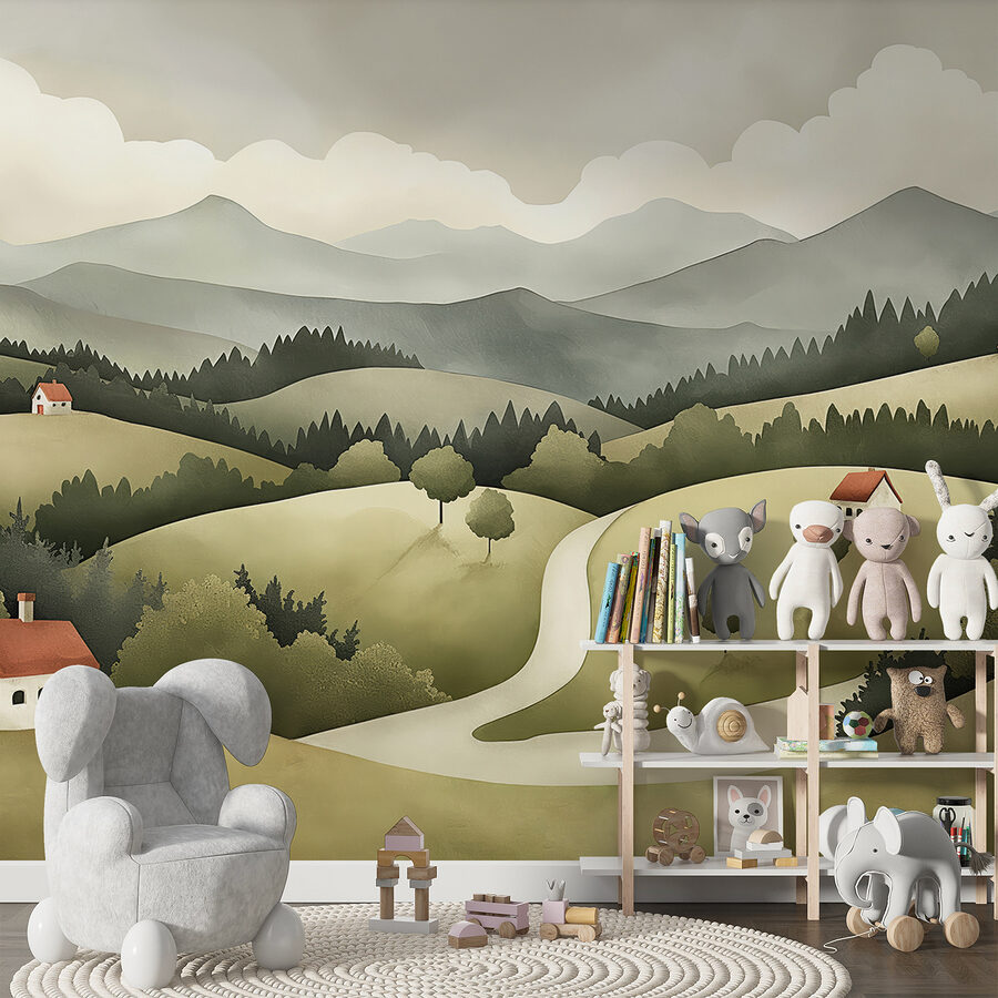 Paysage avec maisons et arbres
