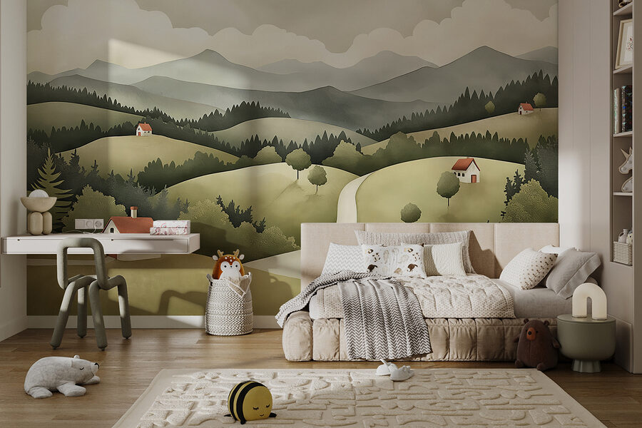 Paysage avec maisons et arbres