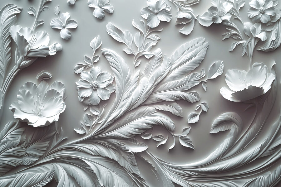 Mur blanc avec fleurs et feuilles