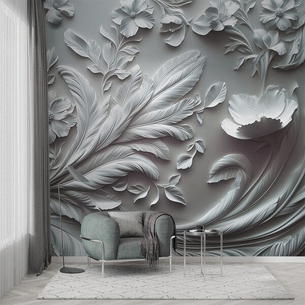 Mur blanc avec fleurs et feuilles Mur blanc avec fleurs et feuilles