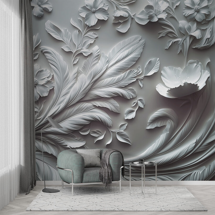 Mur blanc avec fleurs et feuilles
