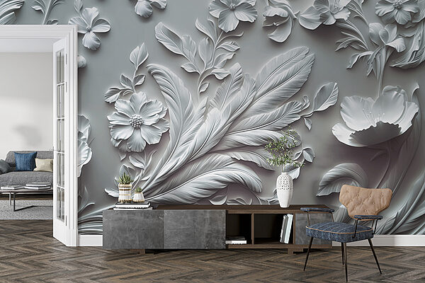 Mur blanc avec fleurs et feuilles Mur blanc avec fleurs et feuilles