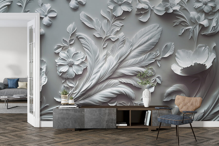 Mur blanc avec fleurs et feuilles