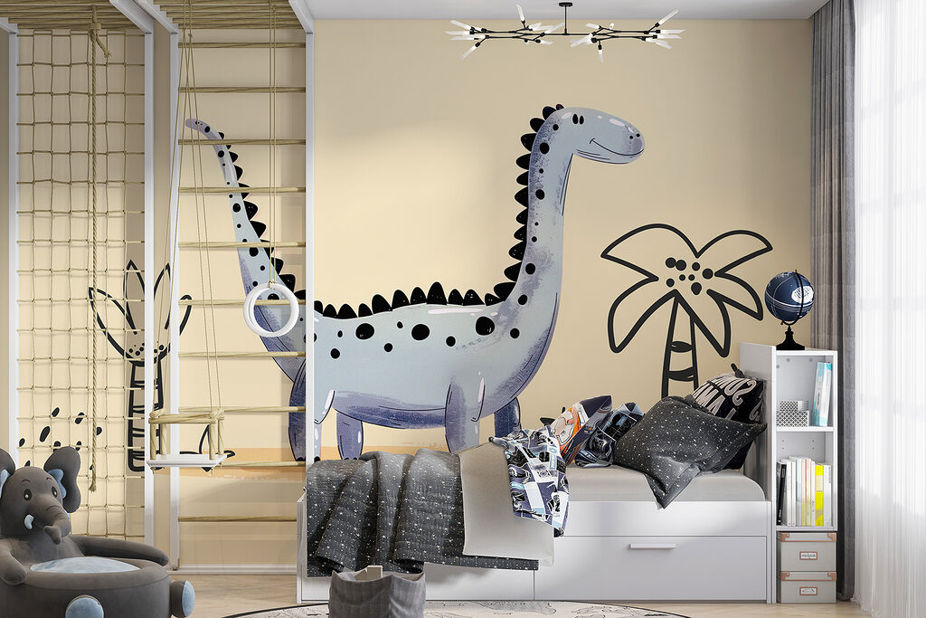 Cartoon dinosaur with plants and flowers