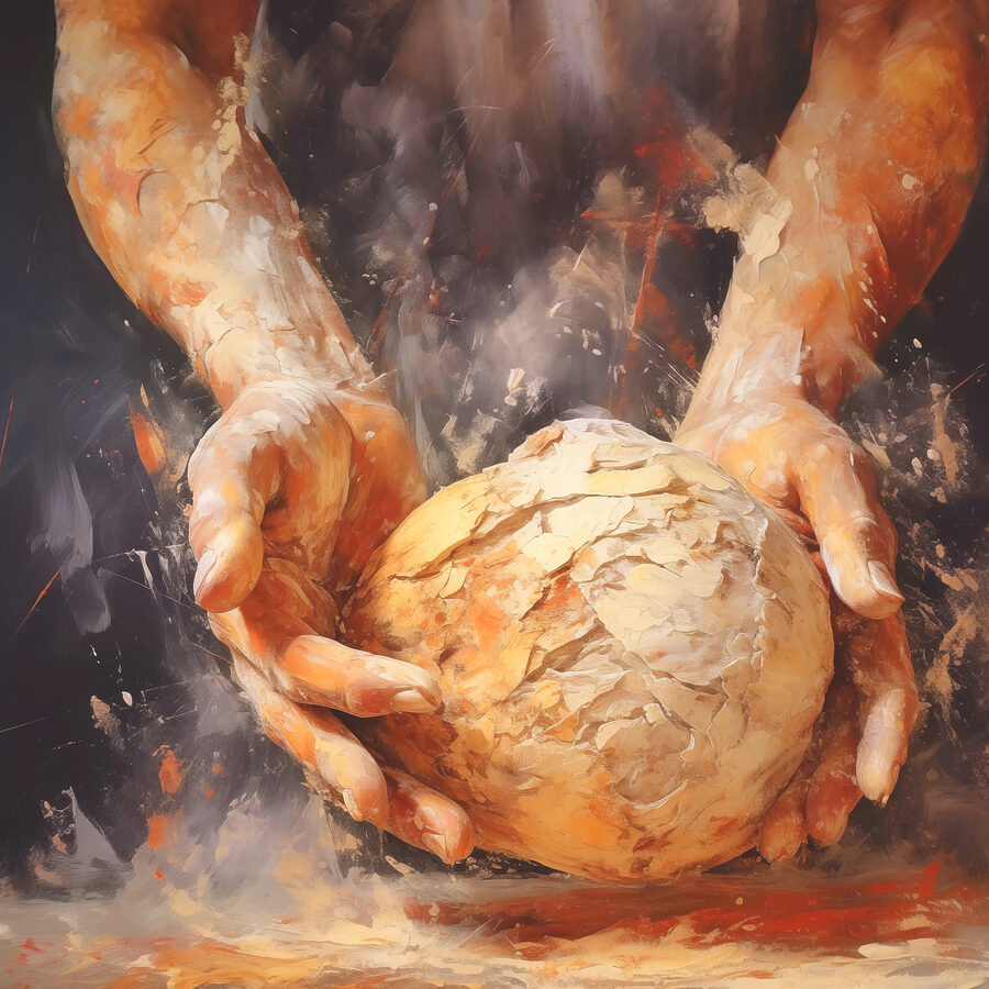 Peinture de mains tenant une boule de pain