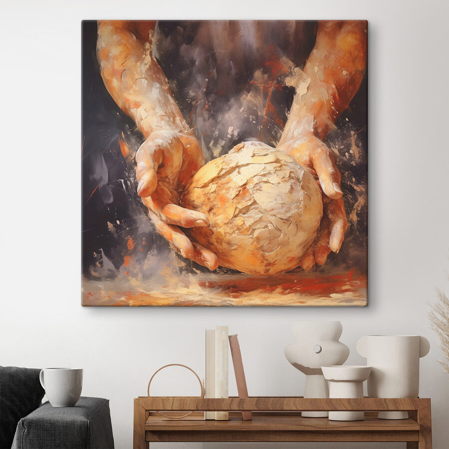 Peinture de mains tenant une boule de pain