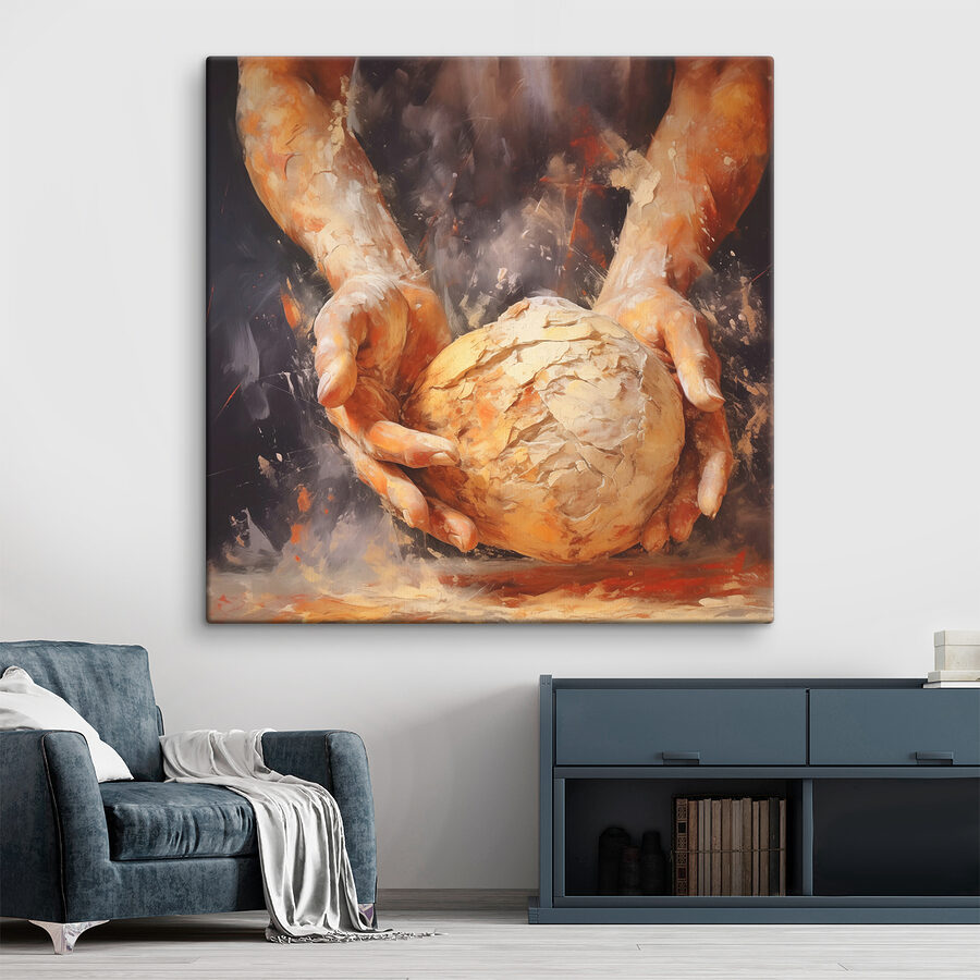 Peinture de mains tenant une boule de pain