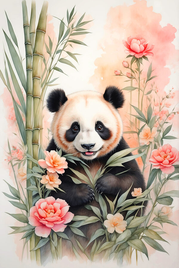 Ours panda avec fleurs et bambou Ours panda avec fleurs et bambou