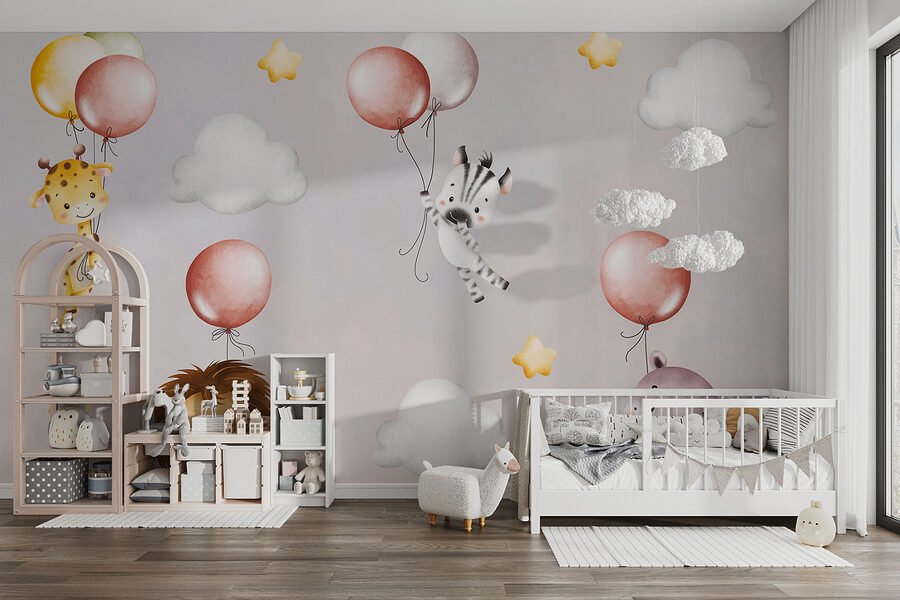 Papier peint avec des animaux et des ballons