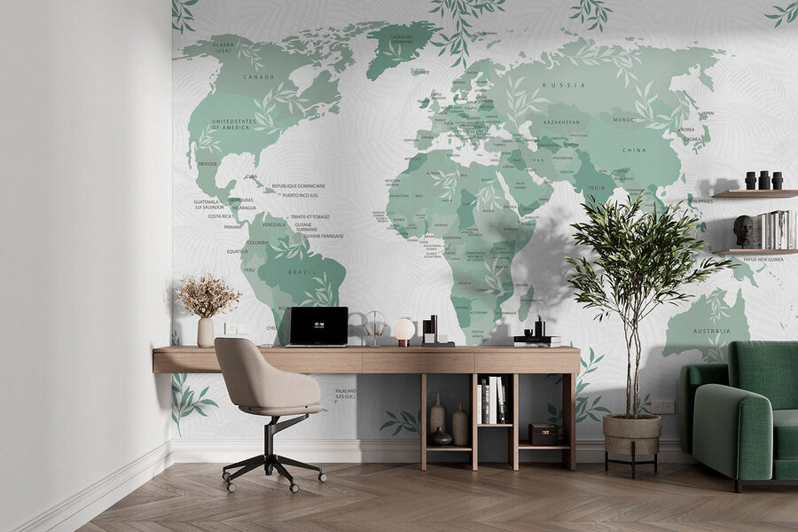 Carte du monde avec des feuilles vertes
