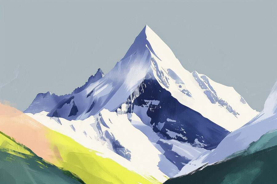 Montagne enneigée et collines verdoyantes