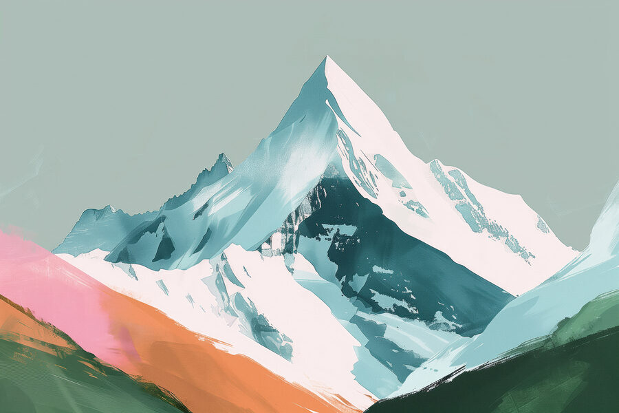Montagne enneigée et collines verdoyantes