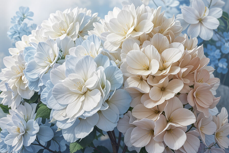 Groupe de fleurs blanches et bleues