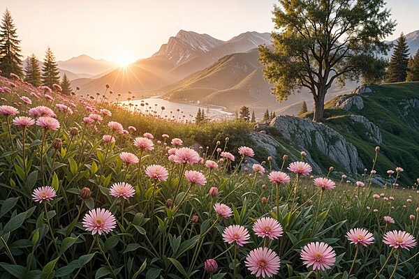 Champ de fleurs roses avec un arbre et des montagnes en arrière-plan Champ de fleurs roses avec un arbre et des montagnes en arrière-plan