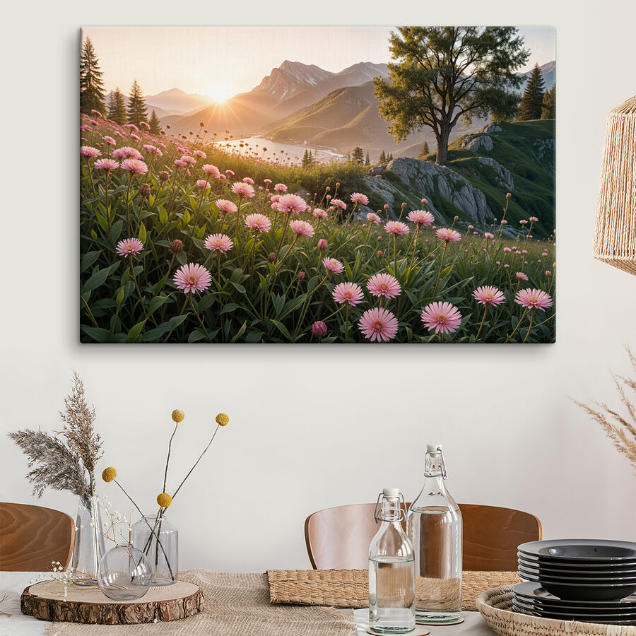 Champ de fleurs roses avec un arbre et des montagnes en arrière-plan