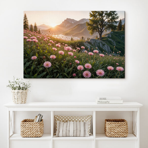 Champ de fleurs roses avec un arbre et des montagnes en arrière-plan Champ de fleurs roses avec un arbre et des montagnes en arrière-plan