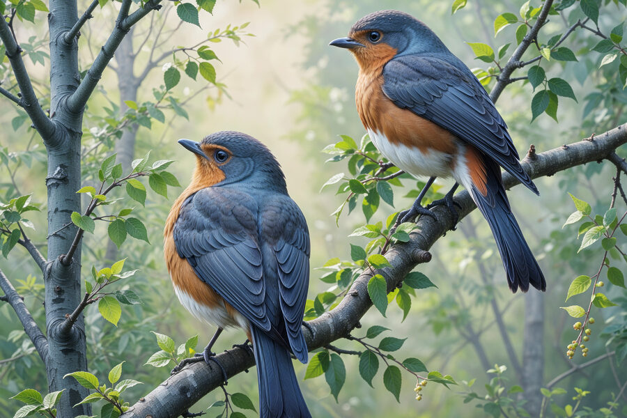 Deux oiseaux sur une branche d'arbre
