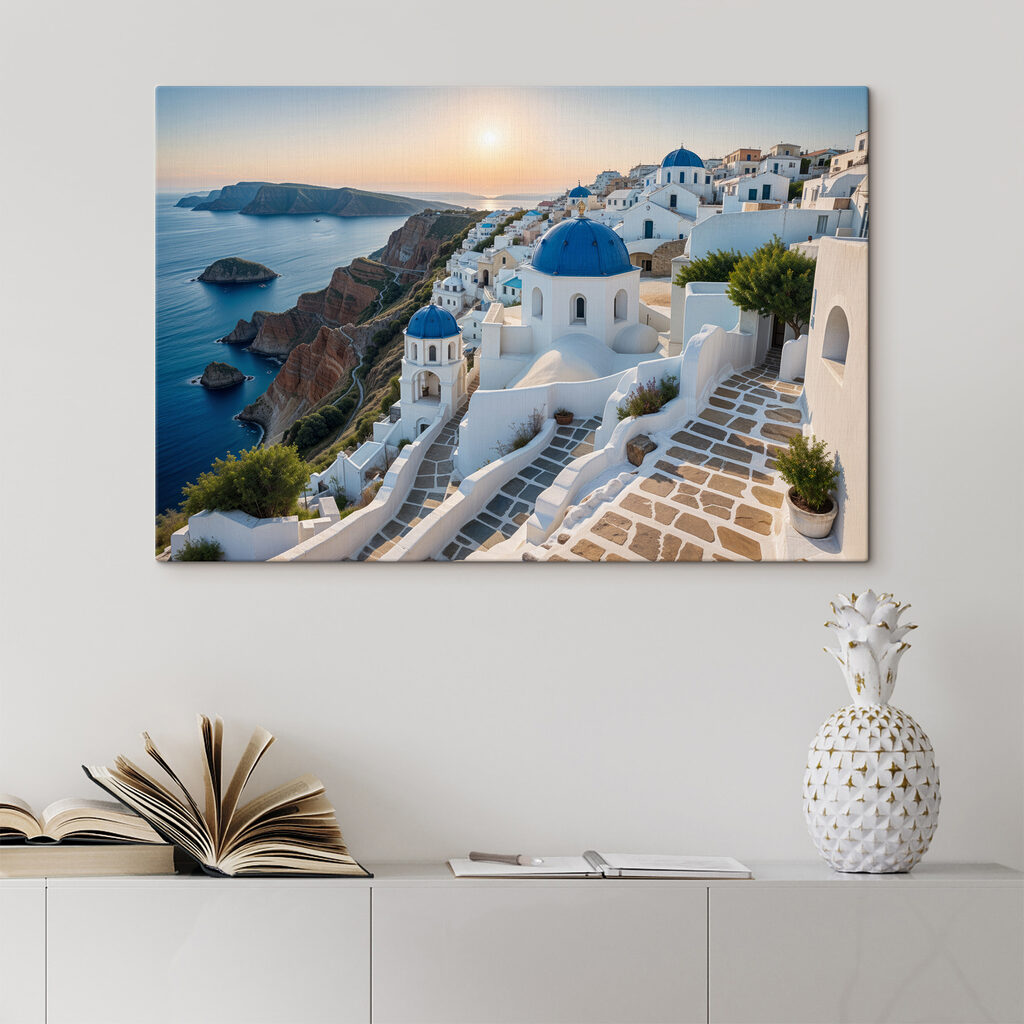 White buildings with blue domes on a hill with a body of water in the background