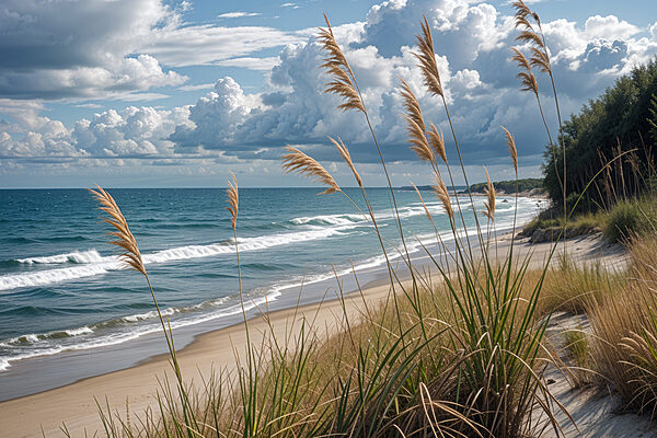 Beach with tall grass and water Beach with tall grass and water