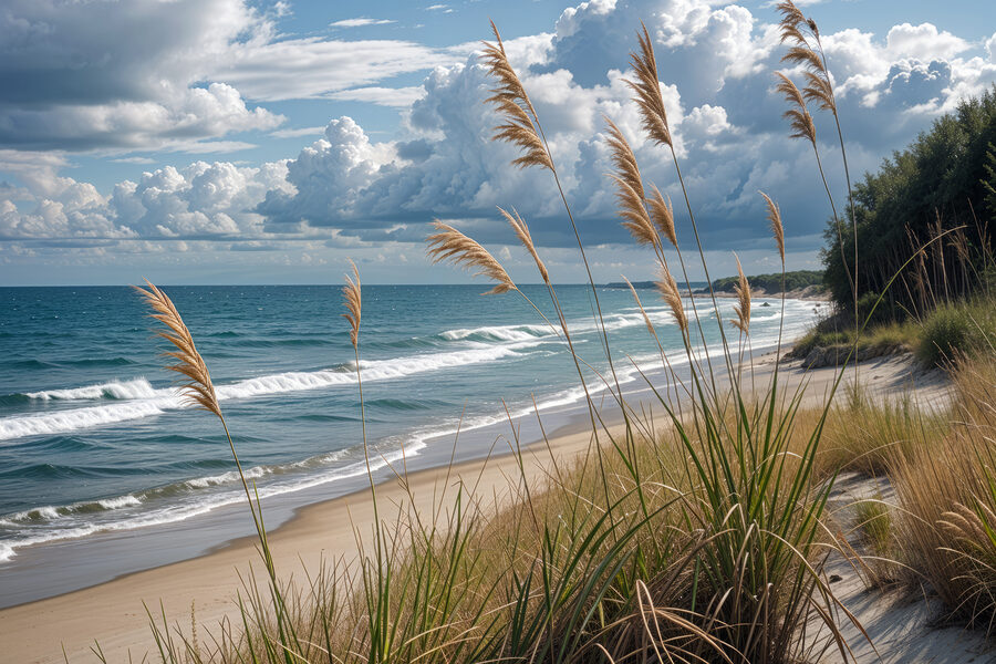 Beach with tall grass and water Beach with tall grass and water