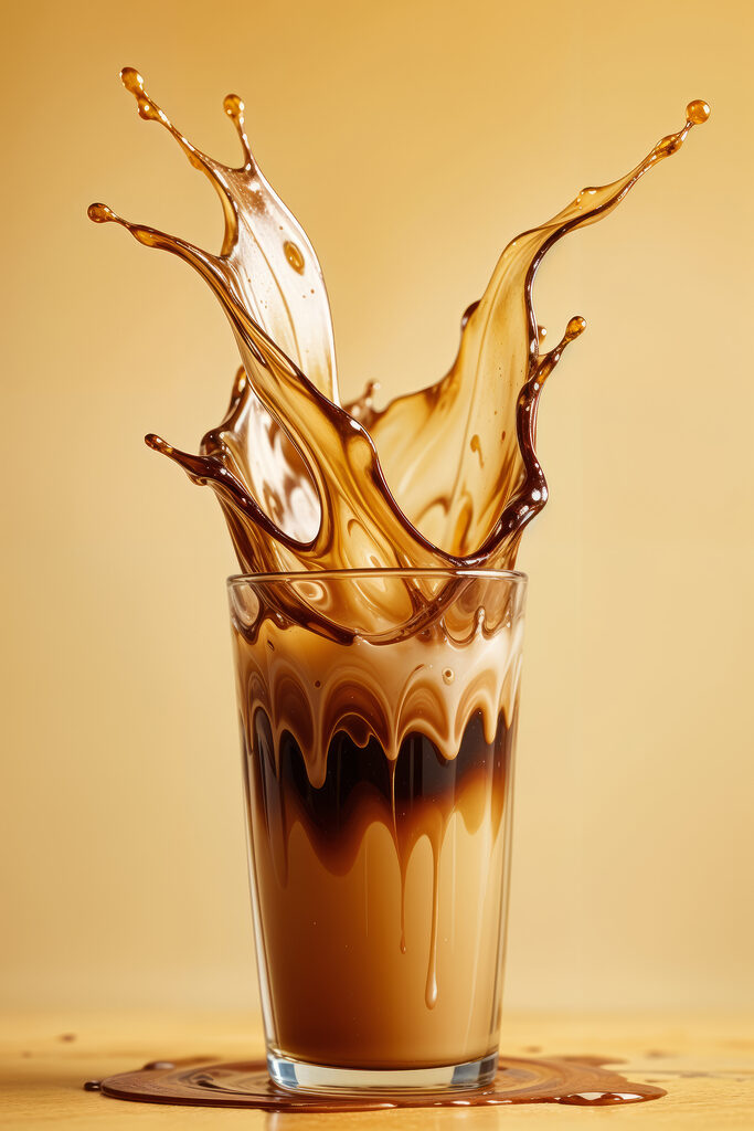Glass of liquid with brown liquid splashing out Glass of liquid with brown liquid splashing out