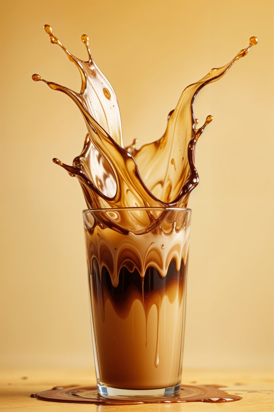 Verre de liquide avec éclaboussures de liquide brun Verre de liquide avec éclaboussures de liquide brun