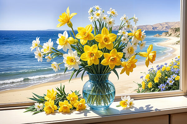 Vase de fleurs jaunes et blanches sur le rebord d'une fenêtre s40171p 600x400 - Vase de fleurs jaunes et blanches sur le rebord d'une fenêtre