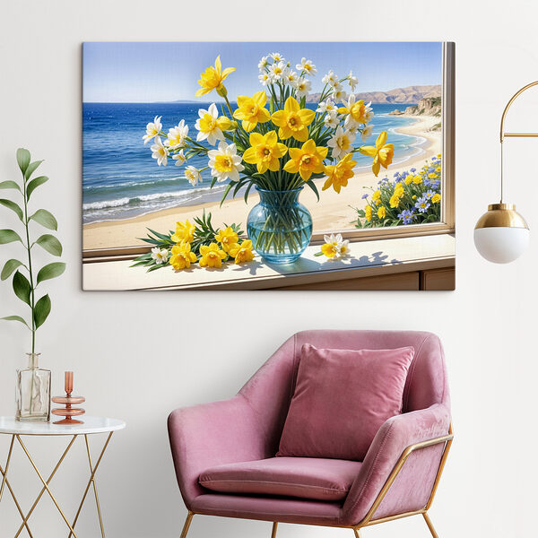Vase de fleurs jaunes et blanches sur le rebord d'une fenêtre s40171pig409 600x600 - Vase de fleurs jaunes et blanches sur le rebord d'une fenêtre