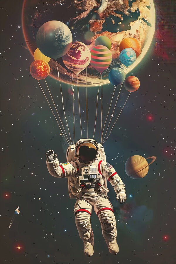 Un astronaute flottant dans l'espace avec des ballons Un astronaute flottant dans l'espace avec des ballons