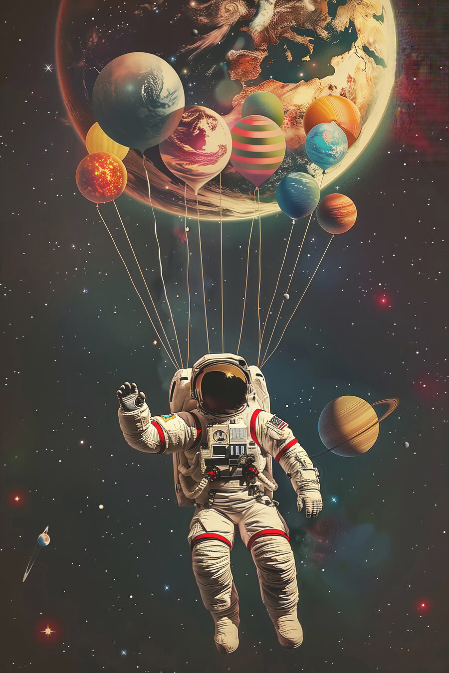 Un astronaute flottant dans l'espace avec des ballons