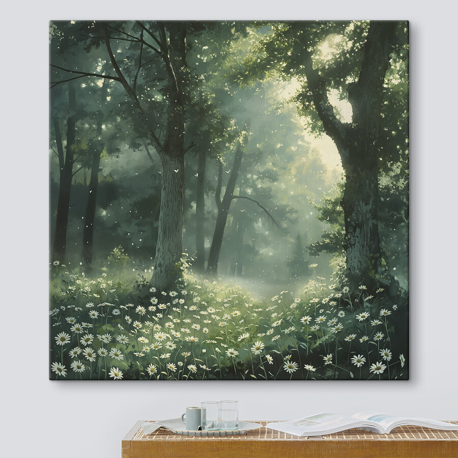 Forêt avec arbres et fleurs