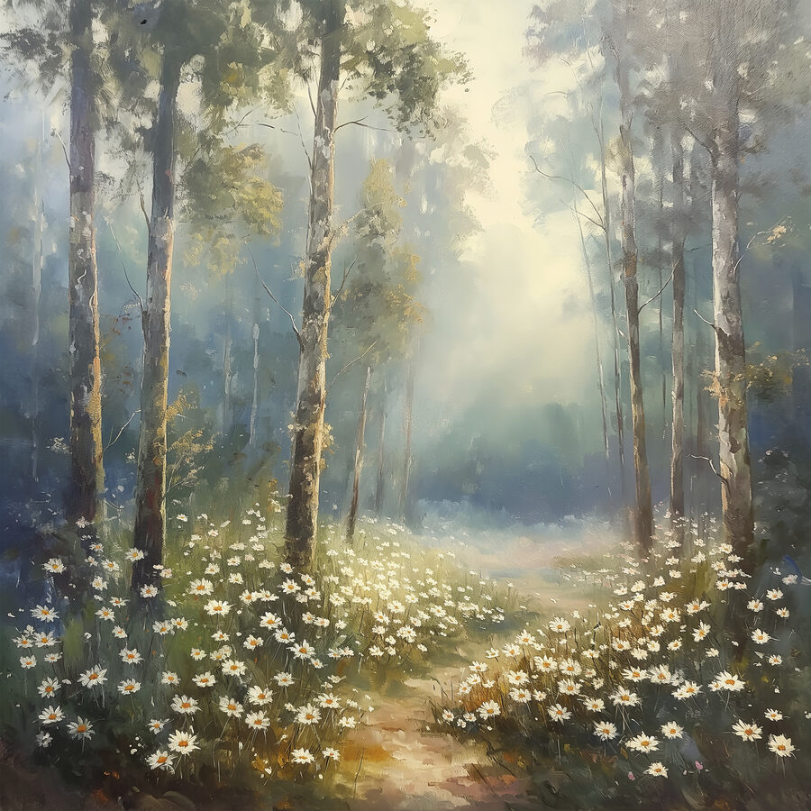 Peinture d'une forêt avec des fleurs et des arbres