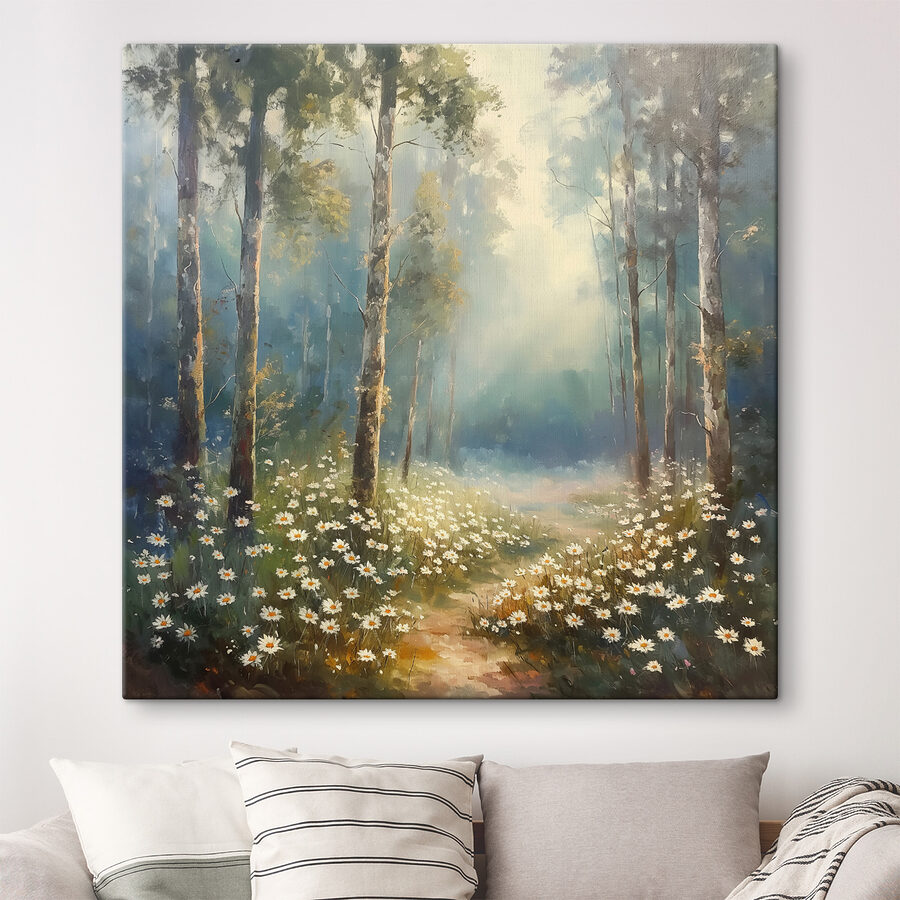 Peinture d'une forêt avec des fleurs et des arbres