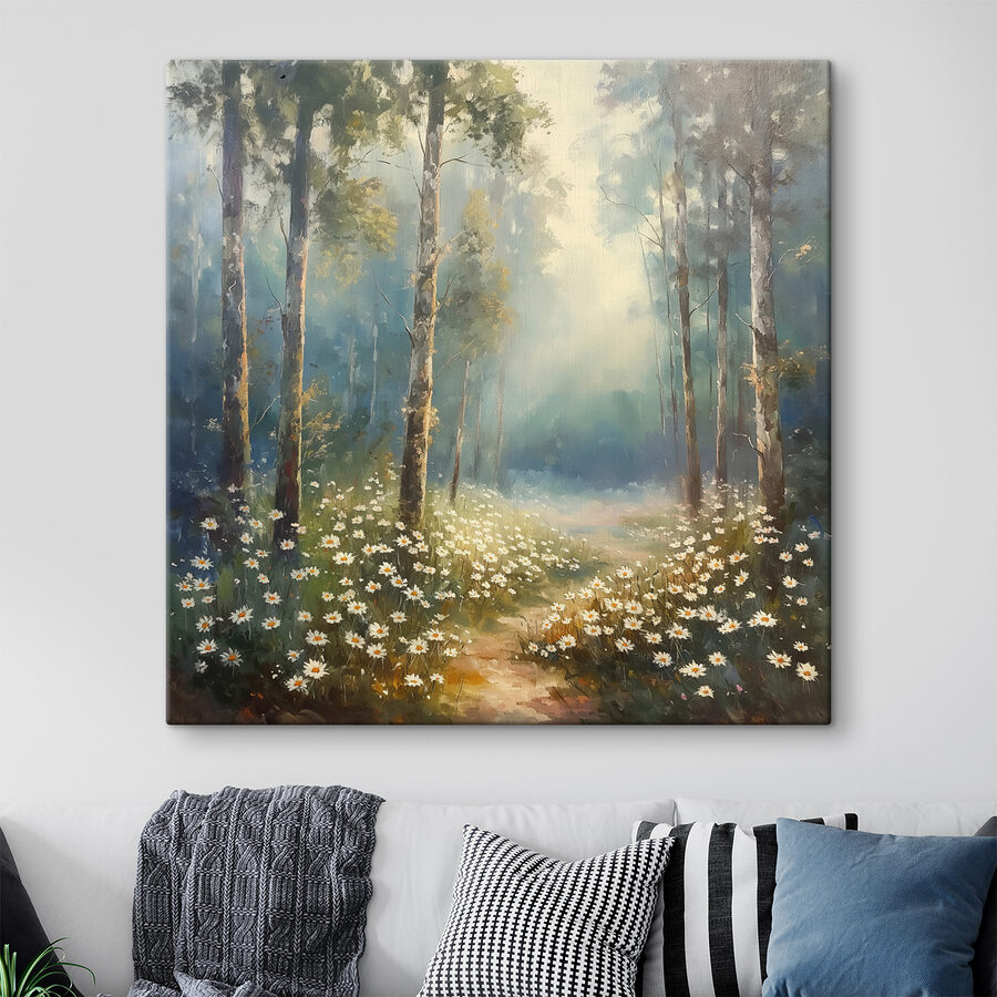 Peinture d'une forêt avec des fleurs et des arbres