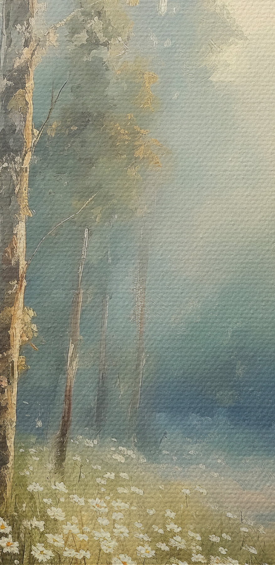 Peinture d'une forêt avec des fleurs et des arbres